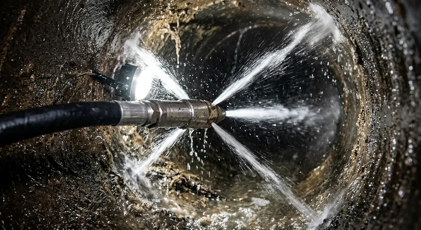 High-pressure hydro jetting nozzle cleaning sewer pipe for Sewer Line Relining in Aptos