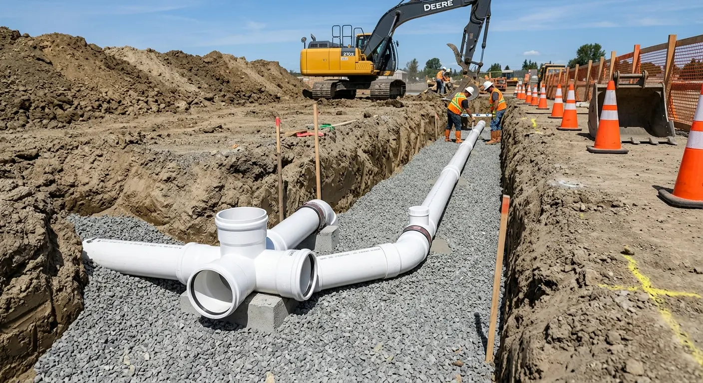 New PVC sewer pipe installation in open trench for Sewer Backup in Aptos